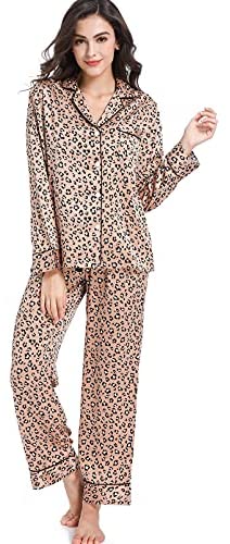 Women's Satin Pajama Set 2-Piece Sleepwear Loungewear Long Sleeve Button Down PJ Set