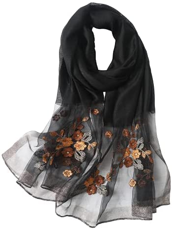 WINCESS YU Women Mulberry Silk Scarf Lightweight Embroidered Floral Shawl Wraps Beach Gauze Blanket Shawl for All Season