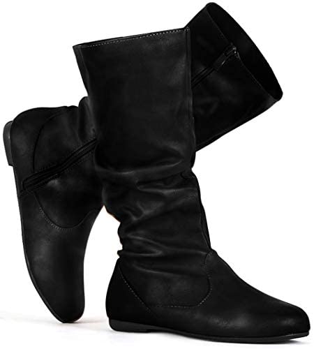 katliu Women's Slouchy Mid Calf Boots Zip up Flat Boots