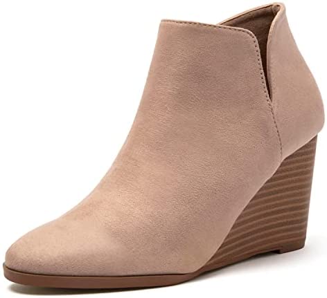 Katliu Women's Wedge Heel Booties Peep Toe Ankle Boots Side Zipper Suede Ankle Boots