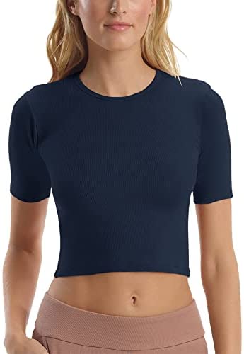 Women’s Short Sleeve Workout Crop Tops Classic Crewneck Fitted Yoga Running T Shirts