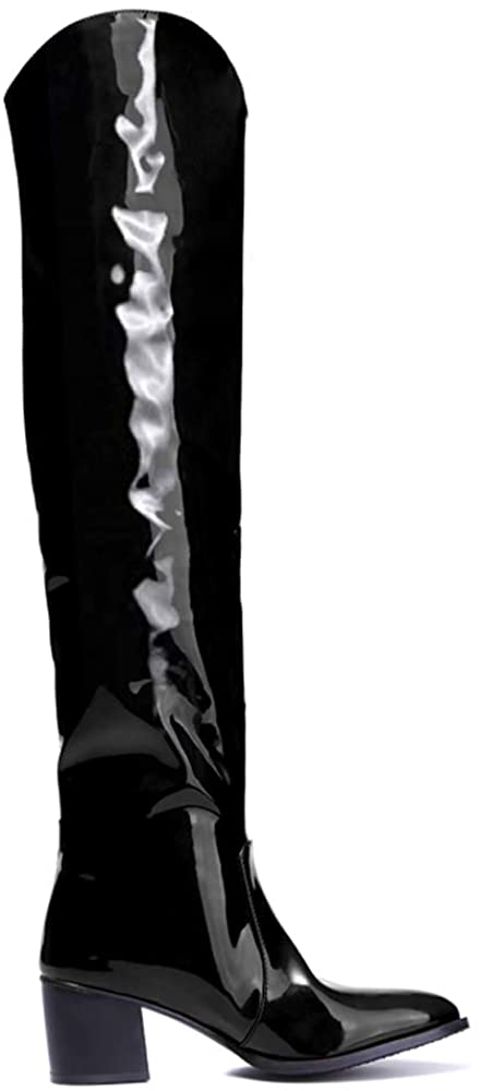 Tale Women's Low Block Heel Pointy Toe Patent Leather Thigh High Over The Knee Boots
