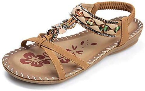 Womens Summer Comfort Flats Sandals with Elastic Ankle Strap Casual Gladiator Bohemian Rhinestone Shoes Beach Slip On Sandals Open Toe