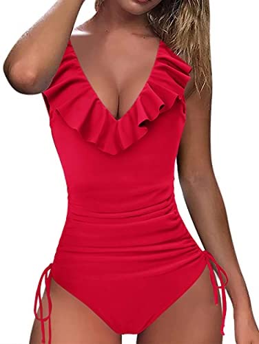 Zwurew Women Deep V Neck Ruffled Drawstring Swimwear One Piece Swimsuit Solid Bodysuit Monokini Bather Bathing Suit Beachwear