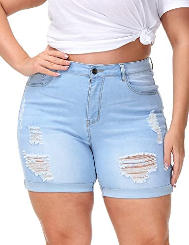 Plus Size Denim Shorts Women High Waisted Ripped Folded Hem Jean Shorts