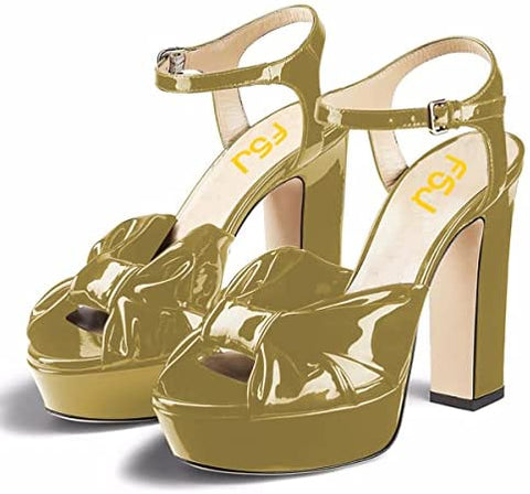 FSJ Women Platform Chunky High Heels Dress Sandalsl Ankle Strap Bowtie Peep Toe Heeled Pump Sandals Wedding Party Evening Shoes Size 4-15 US