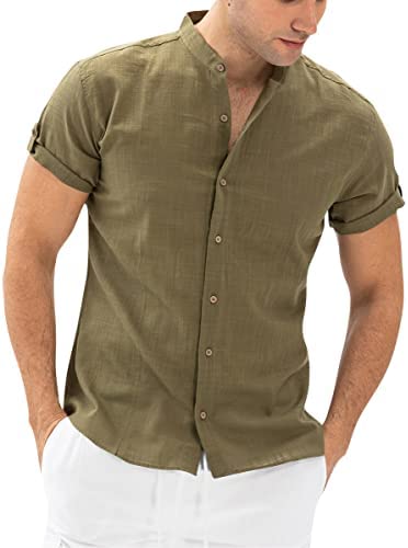 Men's Casual Button Down Collarless Shirt Solid Short Sleeve Cotton Linen Lightweight Breathable Tops Shirts