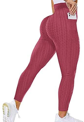 Women's Bubble Hip Butt Lifting High Waist Leggings Honeycomb Textured Tummy Control Yoga Pants Pocket Sport Tights