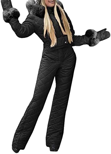 Womens Onesies Ski Suit Jumpsuit Outdoor Winter Skiing Jacket Snowsuit Fur Collar Coat with Hoodies Removable