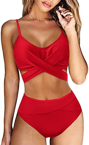 Zwurew Womens Cross Front High Waist Bikini Set Swimsuit Two Piece Lace Up Swimwear Bathing Suit