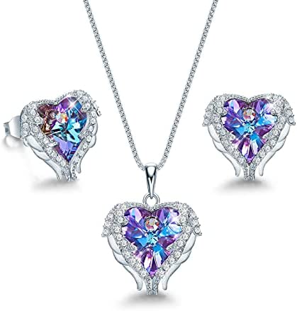 Angel Wing Love Heart Necklaces and Earrings Silver Jewelry Sets