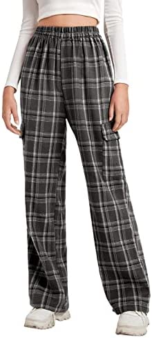 Womens Plaid Casual Pants High Elastic Waist Stripe Lightweight Trousers with Two Flap Pockets
