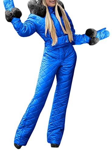 Womens Onesies Ski Suit Jumpsuit Outdoor Winter Skiing Jacket Snowsuit Fur Collar Coat with Hoodies Removable