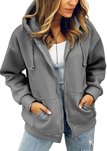Zwurew Women Long Sleeve Full Zip Up Fleece Hoodies Oversized Casual Sweatshirts Drawstring Jacket with Pockets