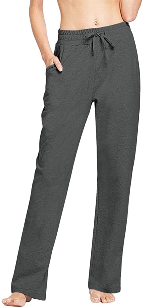 Womens Cotton Sweatpants Workout Yoga Straight Leg Leggings Lightweight Loose Fit Pajama Pants with Pockets