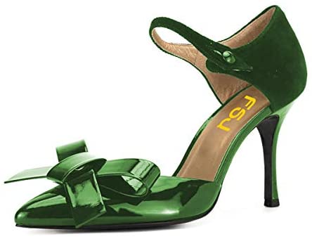 FSJ Women Close Pointed Toe Pumps Bow Ankle Strap Middle High Stiletto Heels Shoes