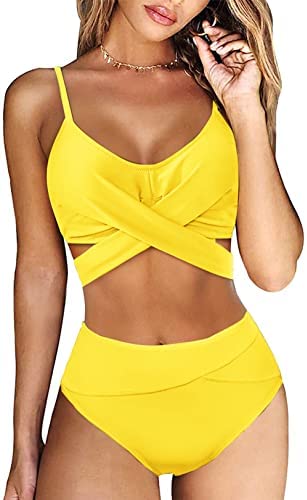 Zwurew Womens Cross Front High Waist Bikini Set Swimsuit Two Piece Lace Up Swimwear Bathing Suit
