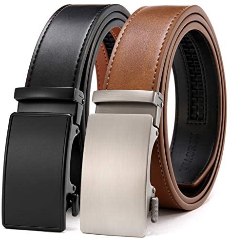 Belts Men, CHAOREN Leather Ratchet Belt 2 Pack with Click Sliding Buckle 1 3/8" in Gift Set Box - Adjustable Trim to Fit
