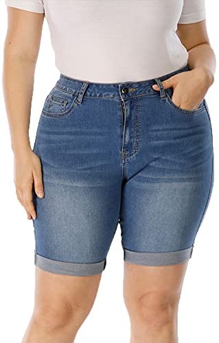 Plus Size Denim Shorts Women High Waisted Ripped Folded Hem Jean Shorts