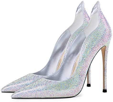 FSJ Women Pointed Toe High Heels Sexy Stiletto Pumps Slip On Faux Leather Rhinestone Heeled Sparkly Prom Wedding Dress Shoes Size 4-15 US
