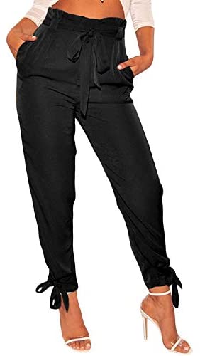 Women's High Waist Belt Wrapped Leg Pants Casual Comfy Slim Trousers