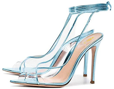 FSJ Women Sexy Stilettos High Heel Strappy Sandals Cross Strap Ankle Wrap Slingback Transparent Wedding Evening Dress Pumps Size 4-15 US