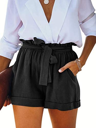 Womens Cotton Linen High Waisted Paper Bag Shorts Lightweight Summer Beach Lounge Shorts with Pockets