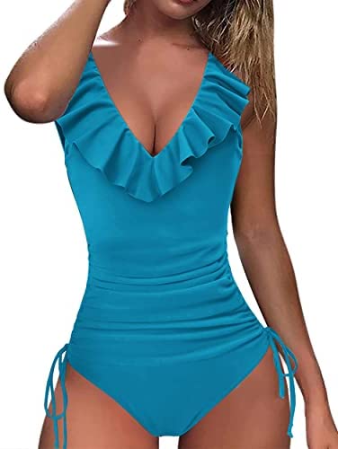 Zwurew Women Deep V Neck Ruffled Drawstring Swimwear One Piece Swimsuit Solid Bodysuit Monokini Bather Bathing Suit Beachwear