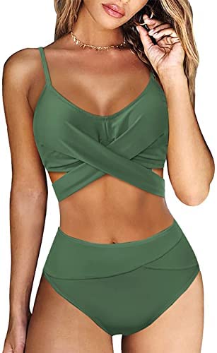 Zwurew Womens Cross Front High Waist Bikini Set Swimsuit Two Piece Lace Up Swimwear Bathing Suit