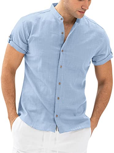 Men's Casual Button Down Collarless Shirt Solid Short Sleeve Cotton Linen Lightweight Breathable Tops Shirts