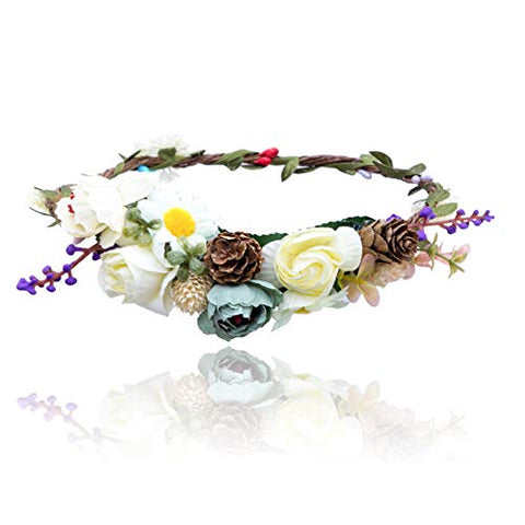 AWAYTR Bohemia Flower Crown Headband - Exquisite Pinecone Leaf Berry Flower Headband Flower Halo Wreath women (Light khaki+Light pink)