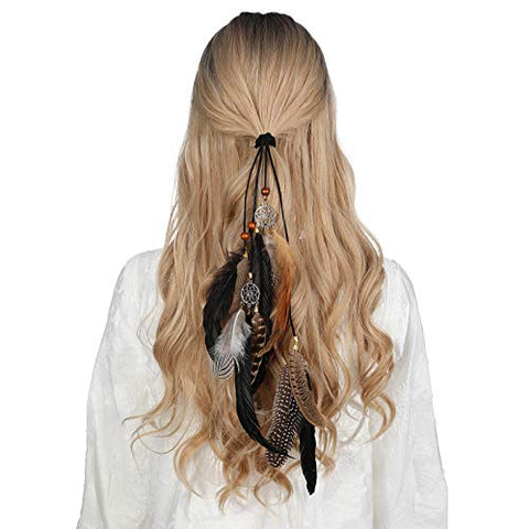 Hippie Headband Feather Dreamcatcher Headdress - AWAYTR Boho Feather Headwear Feather Headpiece Hippie Peacock Feather Festival Hair Band (Brown)