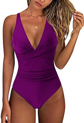 Zwurew Women One Piece V Neck Print Swimwear Swimsuit Solid Bodysuit Monokini Bather Bathing Beachwear