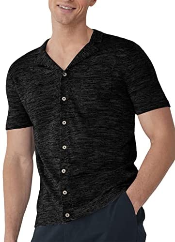 Mens Button Down Shirts Knitted Short Sleeve Casual Lapel V Neck Loose Fit Lightweight Tops with Chest Pocket
