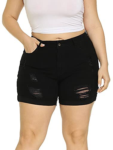 Plus Size Denim Shorts Women High Waisted Ripped Folded Hem Jean Shorts