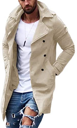 Gafeng Mens Double Breasted Trench Coat Notched Lapel Casual Slim Fit Cotton Long Windbreaker Overcoat