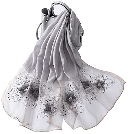 WINCESS YU Women Mulberry Silk Scarf Long & Large Embroidered Floral Pattern Shawl and Wraps Neckerchief for Hair & Neck