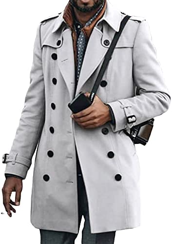 Mens Long Double Breasted Trench Coat Notch Lapel Collar Solid Color Windbreaker Waterproof Jacket Overcoat Outwear