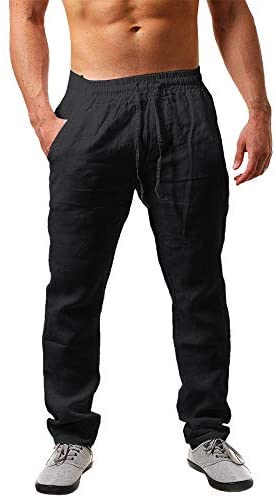 Karlywindow Mens Linen Pants Casual Loose Lightweight Drawstring Elastic Waist Summer Yoga Beach Trousers