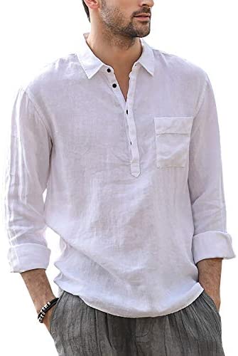 Karlywindow Mens Linen Shirts Long Sleeve Button Down Hippie Casual Cotton Lightweight Beach Yoga T Shirts