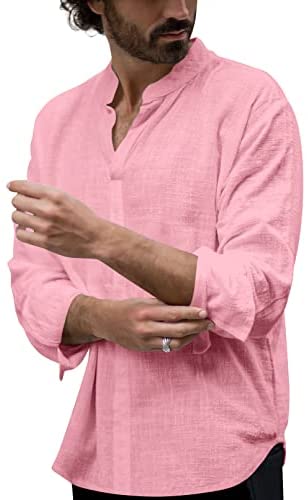Mens Linen Cotton Casual Henley Shirts Long Sleeve Basic Lightweight Shirt Beach Fishing Yoga Tops
