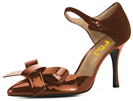 FSJ Women Close Pointed Toe Pumps Bow Ankle Strap Middle High Stiletto Heels Shoes