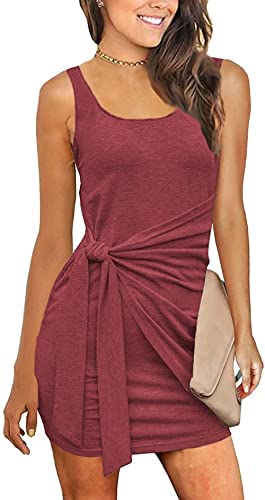 Women Sleeveless Ruched Tie Waist Sundress Tank Bodycon Mini Dress Basic Party Club Shirt Dress