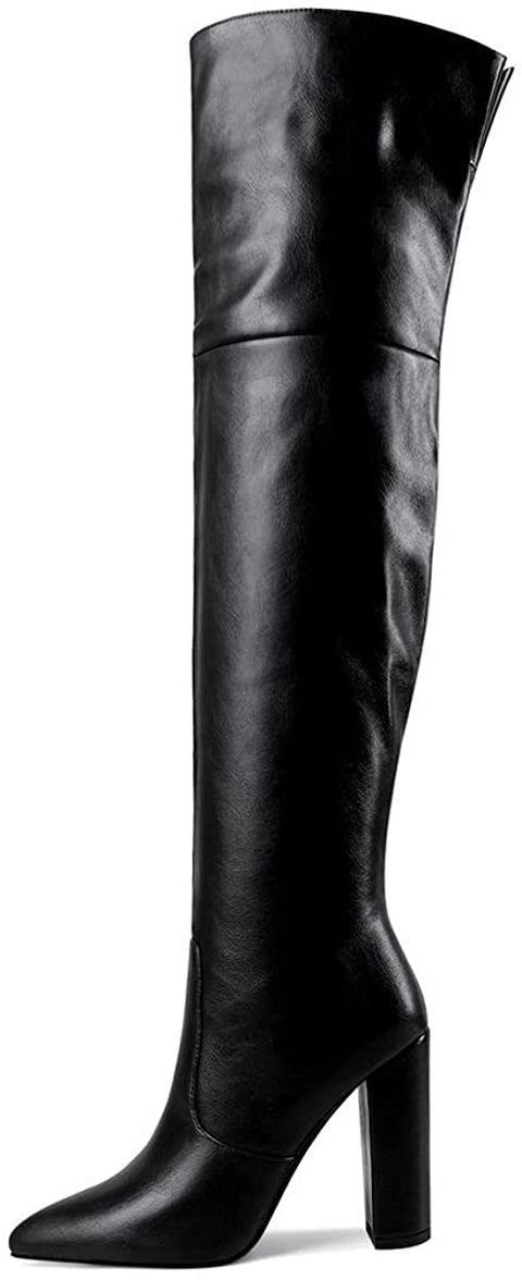 WAYDERNS Women's Winter Pointed Toe Block High Heel Zipper Thigh High Fur Lining Boots 4 Inch