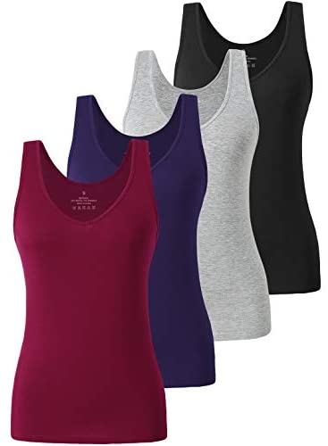 Xelky Womens 4 Pack Tank Tops V Neck Undershirt Lightweight Plain Sleeveless Shirts Stretch Basic Wide Strap Tanks(S-XXL)