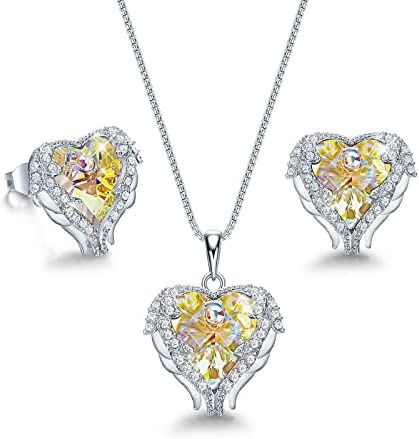 Angel Wing Love Heart Necklaces and Earrings Silver Jewelry Sets