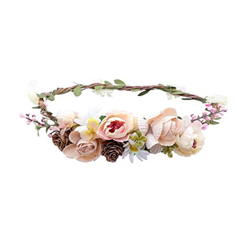 AWAYTR Bohemia Flower Crown Headband - Exquisite Pinecone Leaf Berry Flower Headband Flower Halo Wreath women (Light khaki+Light pink)