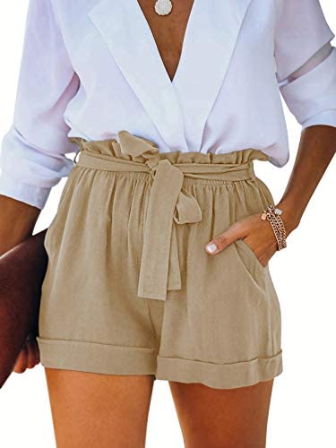 Womens Cotton Linen High Waisted Paper Bag Shorts Lightweight Summer Beach Lounge Shorts with Pockets