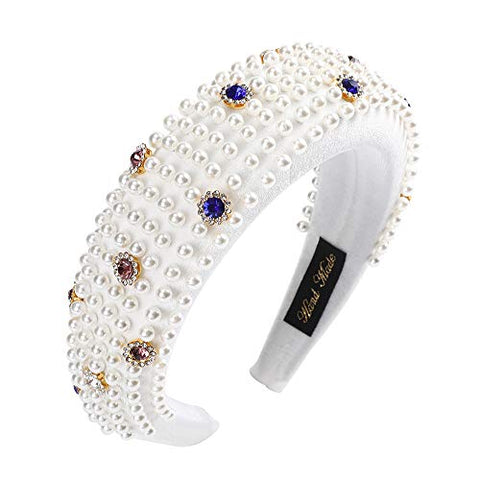 AWAYTR Velvet Padded Pearl Embellished Headband Large Padded Velvet Races Goth Wedding Headpiece for Women (black-1)