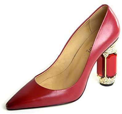 FSJ Women Leather Crystal Chunky High Heel Pumps Pointed Toe Slip on Wedding Parrty Dress Shoes Size 4-12 US